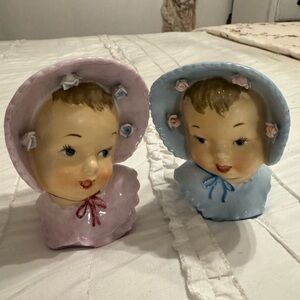 Vintage Ceramic Baby Head Vases in Pink and Blue